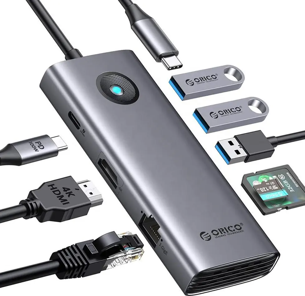 ORICO USB C 도킹 스테이션, HDMI 호환 4K + PD100W + 3 * USB3.0 + 이더넷 + SD/TF,USB C 허브 멀티포트 어댑터가 있는 8 in 1 USB C 허브