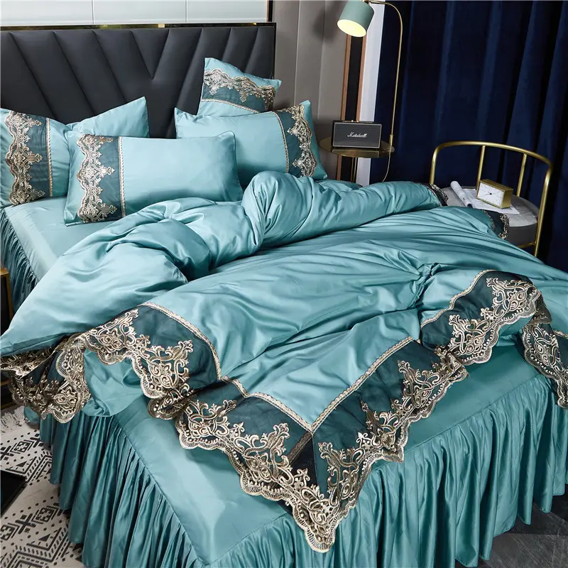 Low Moq Luxury Comforter Sets Lace Embroidered Bedding Set Ice Silk Duvets Covers Bed Sheets Set