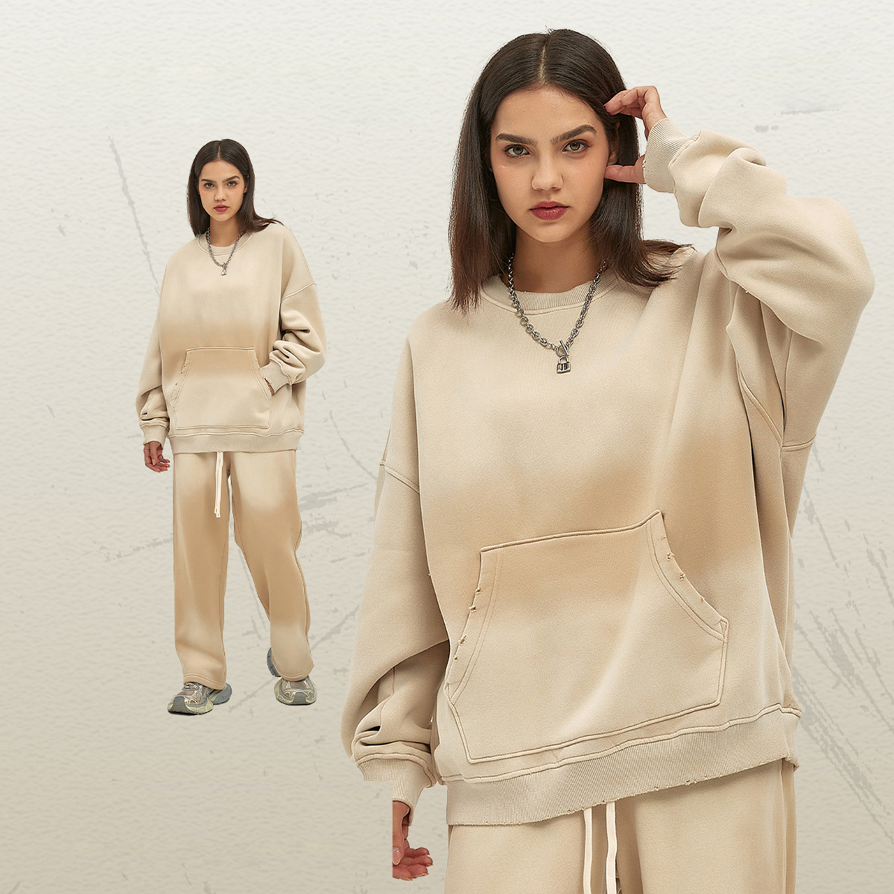 Spray-dyed grey apricot