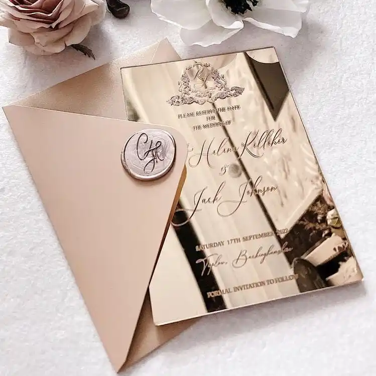 Personalized high quality customized Luxury quinceanera party Rose Gold Mirror Acrylic invitation card wedding envelope