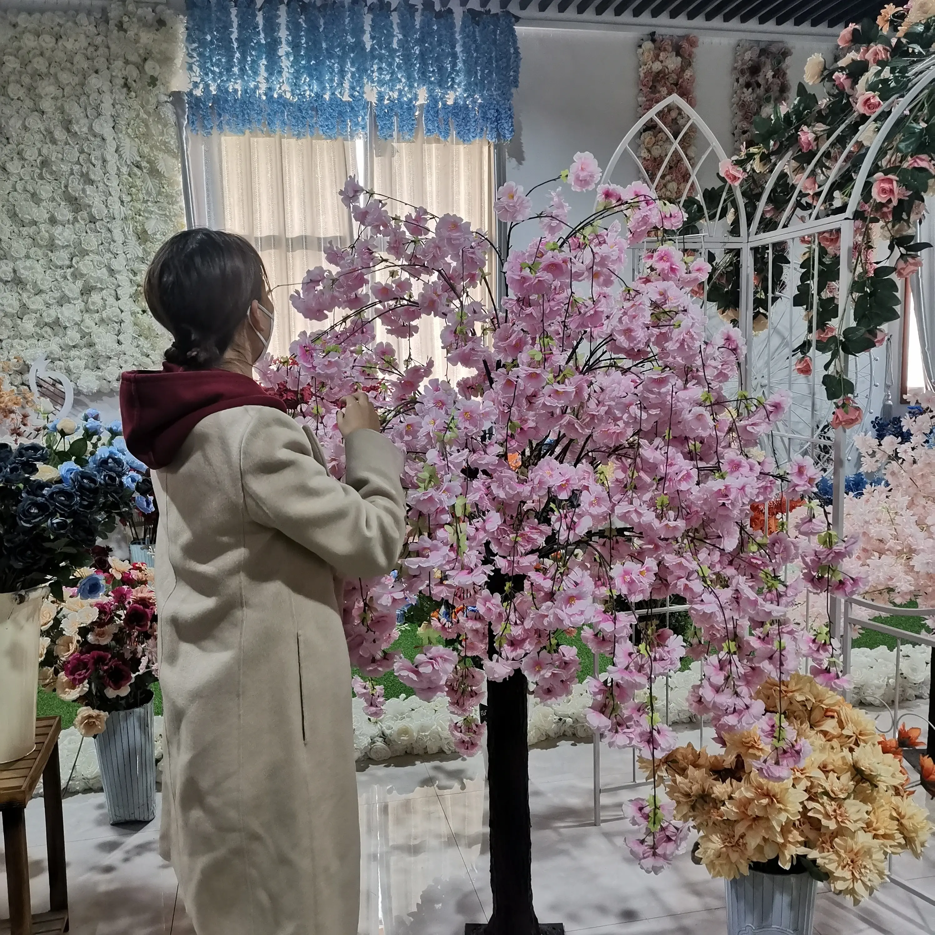 DKB-árbol Artificial de seda falsa, árbol de flores de cerezo, decoración de boda, color rosa, rojo y blanco