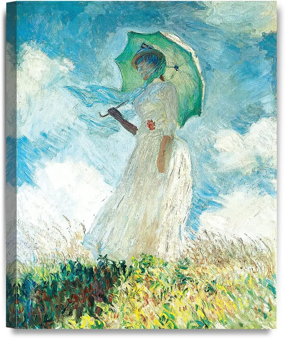 Donna con un parasole (rivolto a sinistra) 1886, riproduzione artistica di Claude Monet. Stampe su tela giclée Wall Art per la decorazione domestica