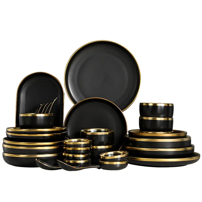 Platos de cena de porcelana negra con borde dorado, platos de cocina, vajilla de cerámica, bandeja de comida, arroz, ensalada, fideos, cuenco, juego de cubiertos