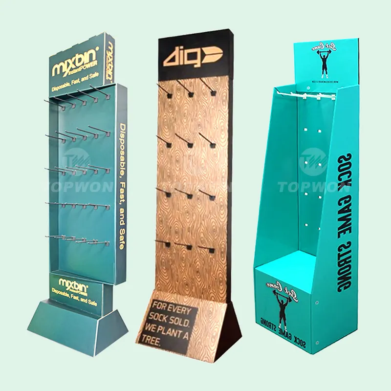 Rak Display Kait Lantai Gantung Ritel Pegboard Kustom Papan Peraga Kardus Berdiri dengan Kait Pasak