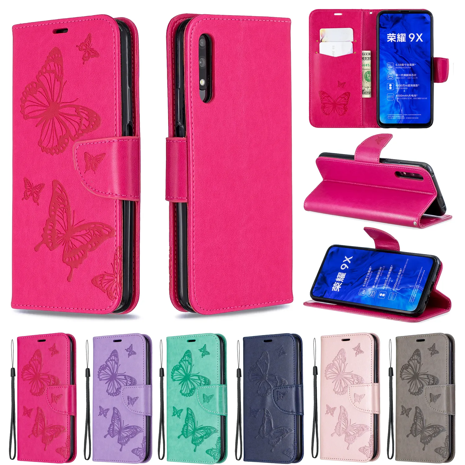 Funda de teléfono de cuero con diseño de mariposa y flores para Huawei Honor 9X 9X Pro, funda suave con tapa magnética para libro