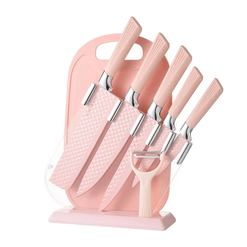 New Forged Non-stick Coating Pink Kitchen Knife Set Meat Steak Cutter Knives with Chopping Board and Acrylic Stand
