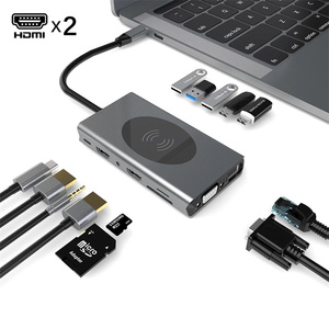 14合1 USB C集线器至2 * HDTV适配器，带5 * USB PD3.0千兆以太网VGA 3.5毫米音频SD/TF无线充电器c型集线器适配器 - Product Image 1