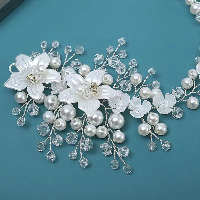 New White Pearl Leaf Wedding Dress Accessories Bride Handmade Pearl Hair Band