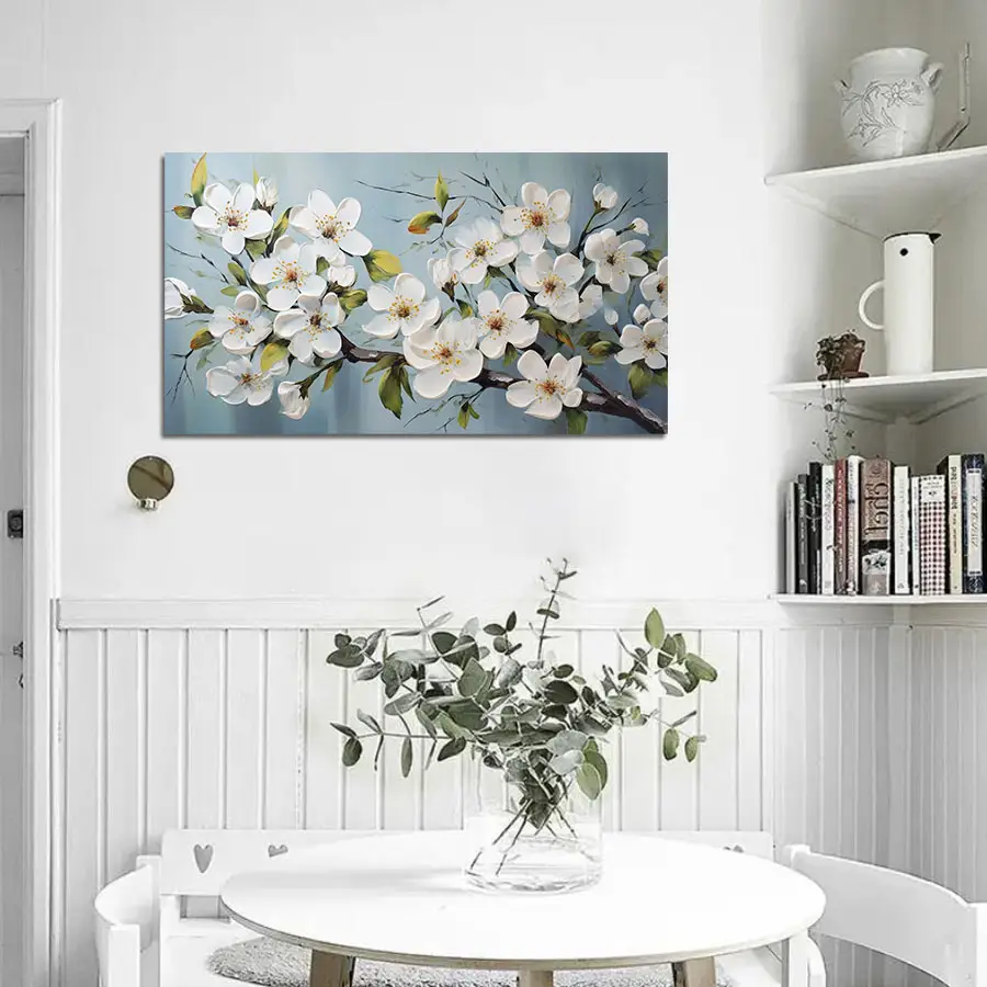 Peinture à l'huile originale de fleurs blanches faite à la main pour le salon oeuvre florale abstraite moderne Art mural sur toile