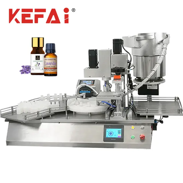 خط إنتاج ماكينة تنظيف وتغطية الزجاجات الصغيرة من KEFAI مع قطرة للعين والعطر