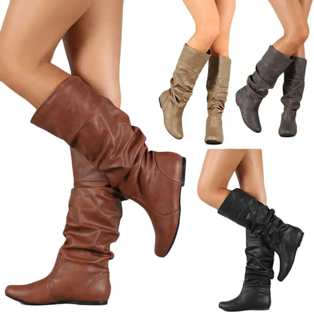 Botas para mujer de tacón plano hasta la rodilla Color liso, puntiagudas, puntadas de cuero, informales