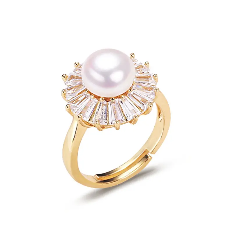 Precio de Venta al por mayor joyería de moda de las Mujeres 18K chapado en oro Zircon diamante dedo Real perla de agua dulce mujer anillo ajustable