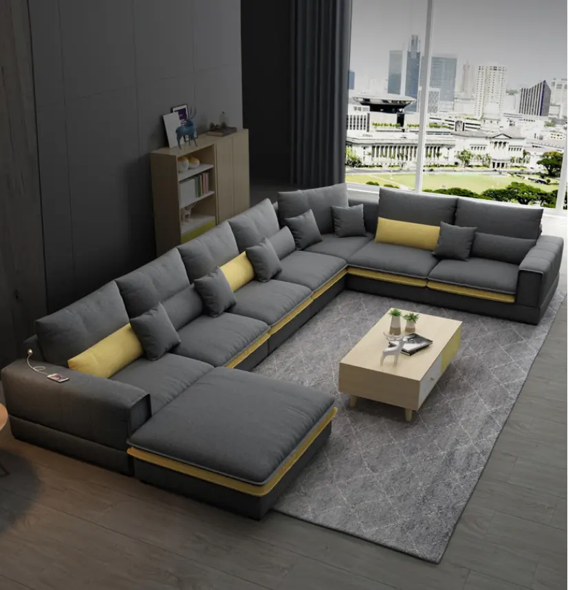 Mobiliário, sala de estar, sofá de canto moderno em tecido 7 lugares