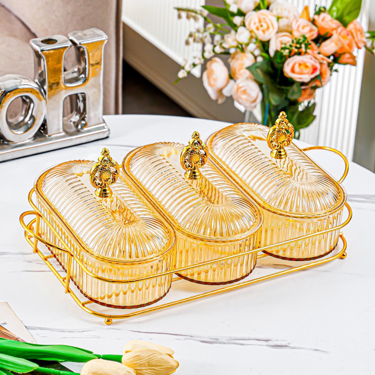 Cadre Fleur Or - Ambre - Grand Plat Ovale - 3 Compartiments
