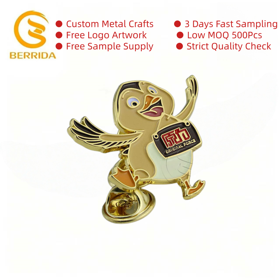 Insignia de pato de dibujos animados esmaltada chapada en oro amarillo marrón