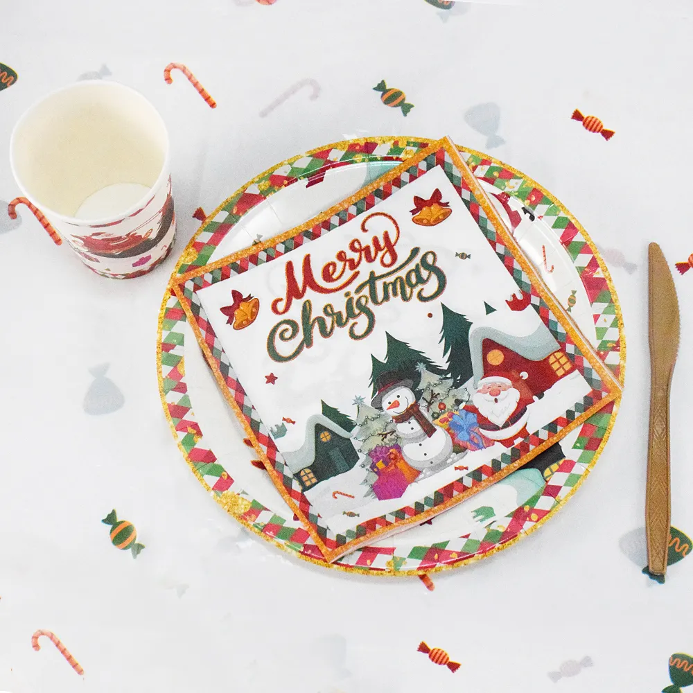 卸売クリスマス紙皿セットフェスティバルサンタパーティー使い捨て食器食器セットカップナイフフォークセット