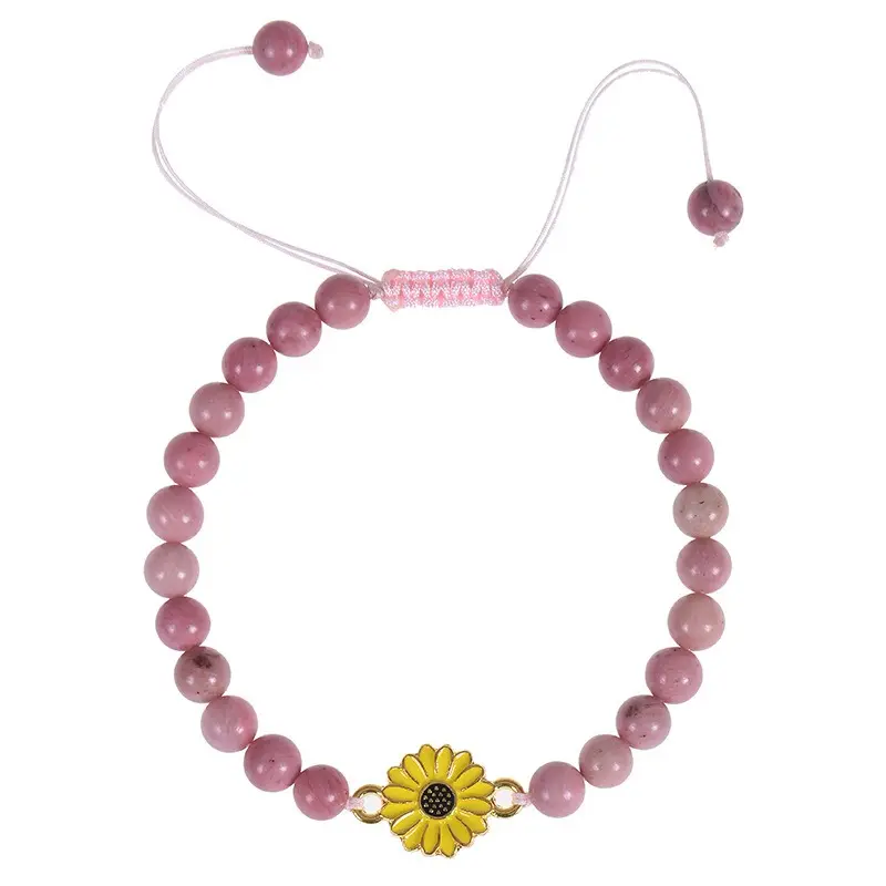 6mm alami bulat merah muda Rhodonite bunga matahari pesona Bradided disesuaikan gelang pemulihan mendapatkan baik kertas kartu wanita gelang