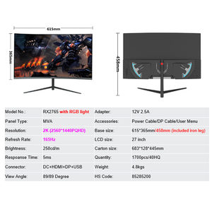 27 Inch <strong>Monitor</strong> 2K (2560*1440PQHD) 165Hz <strong>Lcd</strong> <strong>Monitor</strong> <strong>Computer</strong> <strong>Display</strong> Gaming Curved Screen LED <strong>Monitors</strong> with RGB Light - Product Image 5