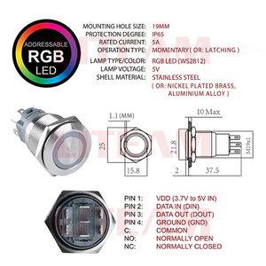 Tam renkli RGB adresli WS2812B Led ile tam renkli LED halka Metal basmalı anahtar ile 19mm Metal basmalı anahtar - Product Image 6