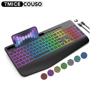 Teclado de ordenador ergonómico recargable RGB con reposamanos, teclado de membrana inalámbrico con teclas Silenciosas Para PC, ordenador portátil - Product Image 1