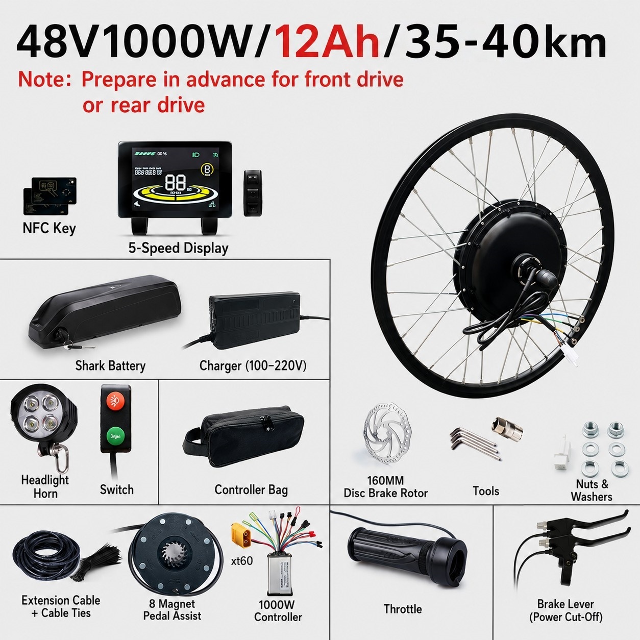 48V 12Ah, 35-40 km range (Hailong battery)