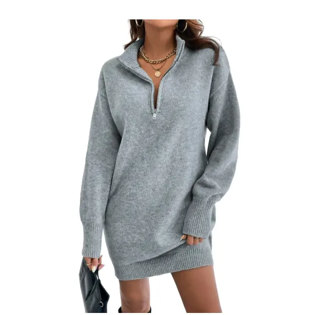 Mulheres personalizadas Drop Shoulder Sweater Vestido De Malha Meia Zip Manga Longa Stand Collar Casual malha Pullovers Desgaste das Mulheres Atacado