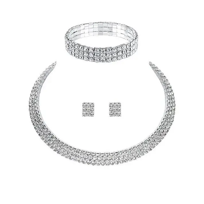 Gargantilla de plata conjunto de collar de diamantes de imitación conjunto de joyas de moda caliente impermeable pulsera collar pendiente conjunto