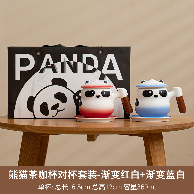 Ensemble de tasses à thé et à café Panda - Dégradé rouge et blanc à bleu et blanc