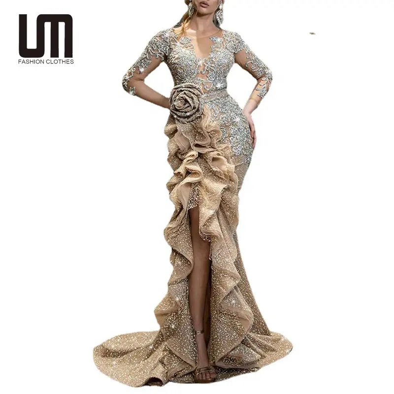 Liu Ming 럭셔리 패션 2024 트렌드 여성 섹시한 골드 긴 소매 연회 우아한 나이트 클럽 파티 가운 이브닝 드레스