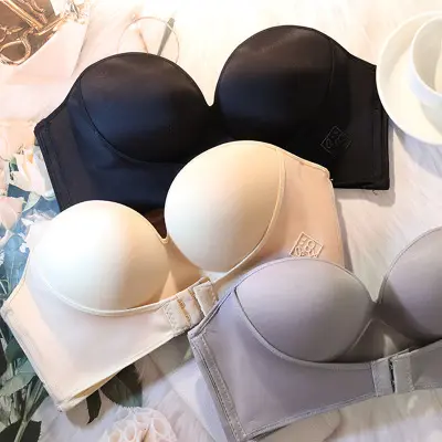 섹시한 무선 Strapless 원활한 업 리프트 브래지어 프론트 버클 클로저 패딩 브래지어 플러스 사이즈 E F 컵 보이지 않는 푸시 업 브래지어