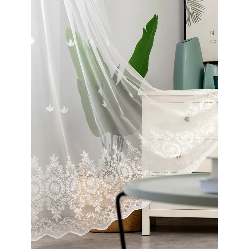 Cortina de ventana de encaje de tela de gasa transparente blanca bordada europea para la sala de estar