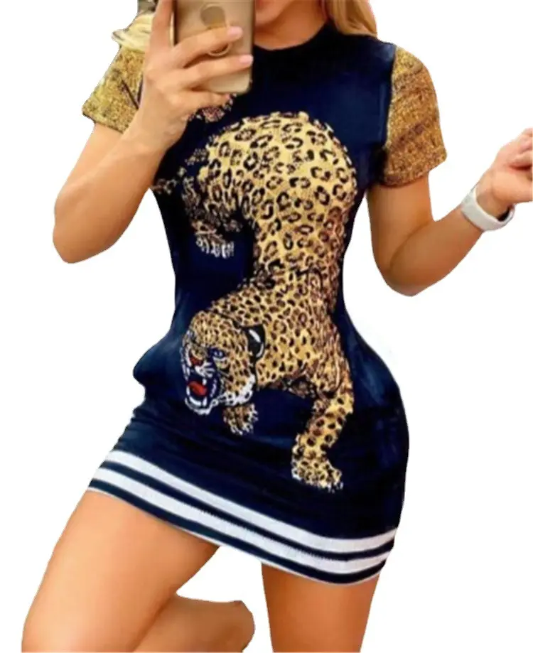 Mini vestido de verano con estampado de tigre para mujer, informal, ajustado, cuello redondo, plisado, manga corta, moda, vestidos cortos ajustados