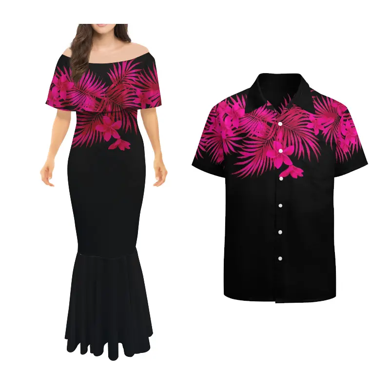 Vestidos elásticos para mujer con hombros descubiertos, elegante vestido polinesio de cola de pez de noche, camisa hawaiana, conjunto personalizado de 2 piezas, ropa para parejas