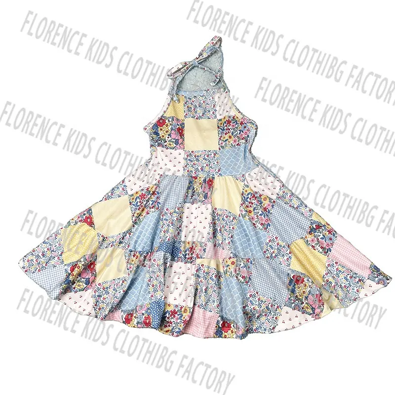 DH OEM hot sale bamboo fiber halter backless blue flower summer twirl dress baby girl dress
