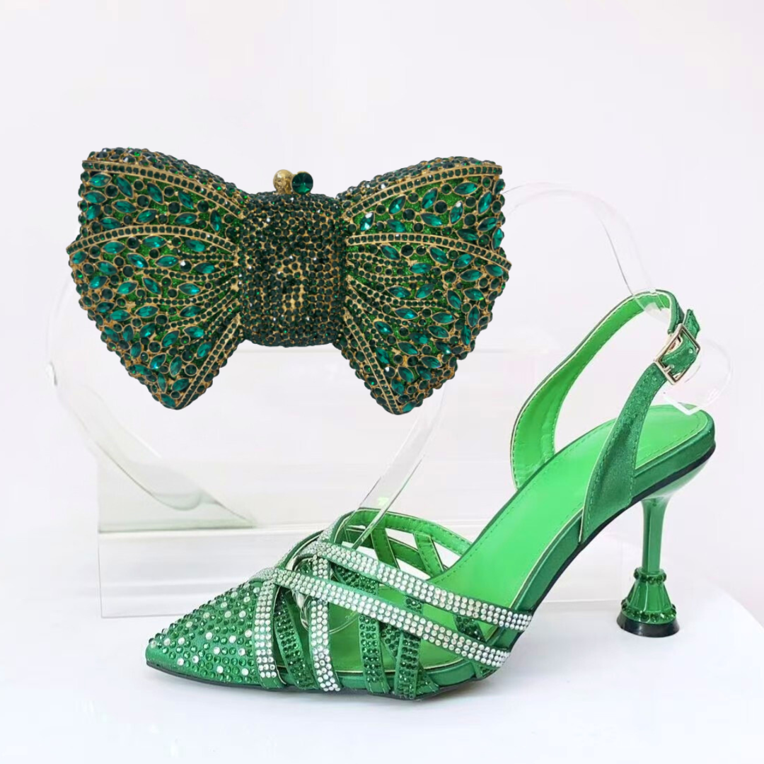 2 green shoes and bag