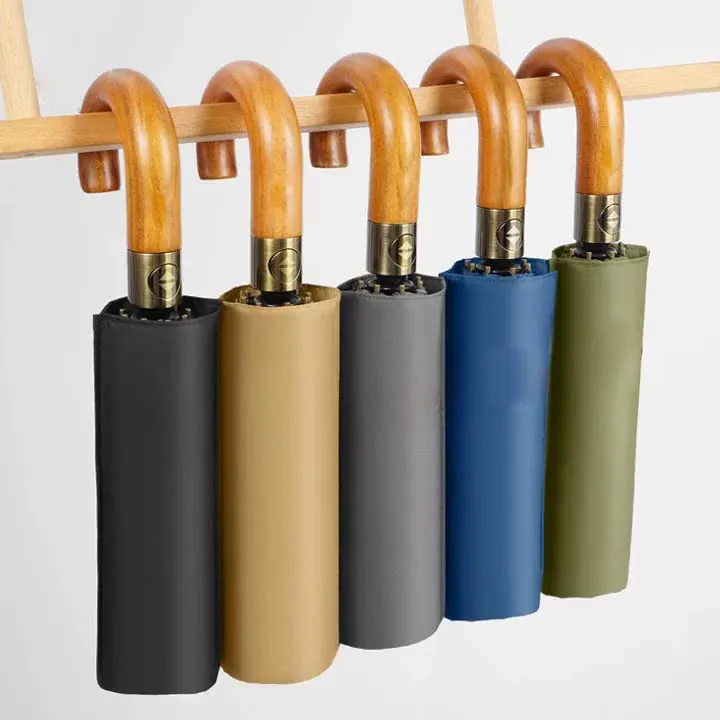 Ombrello pieghevole automatico 3 ombrello resistente al vento personalizzato con manico curvo in legno