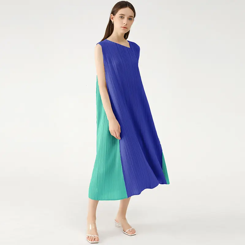 Pleated 2022 Summer New Korean Solid Color Commute Diagonal Collar Contrasting-Color Dress Loose Slimming Dress Women