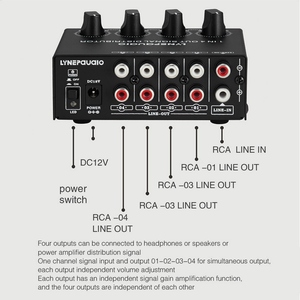 LYNEPAUAIO 1-in-4-out Amplificador de audio estéreo Amp Distribuidor de señal Entrada de 1 canal Salida de 4 canales Interfaz RCA Independiente - Product Image 3