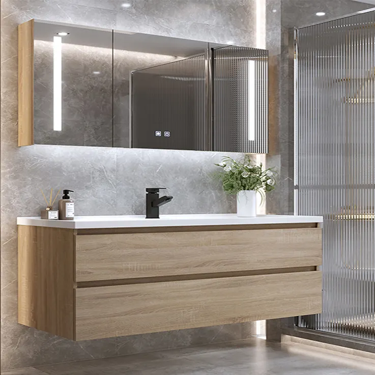 Vendita diretta in fabbrica a buon mercato moderno in legno appeso a parete mobili da bagno con lavabo set mobiletto del bagno con specchio a Led