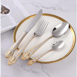 Bán Buôn Tùy Chỉnh 410 Thép Không Gỉ Retro Khắc <span class=keywords><strong>Flatware</strong></span> Set Dao Muỗng Nĩa Vàng Sang Trọng Thiết Lập Dao Kéo Cho Đám Cưới Khách Sạn - Product Image 4
