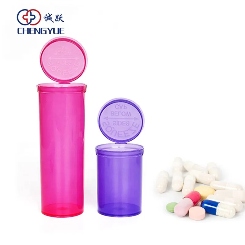 Envases vacíos de plástico de colores personalizados, tubo superior emergente, botella de vial médico Pop Top