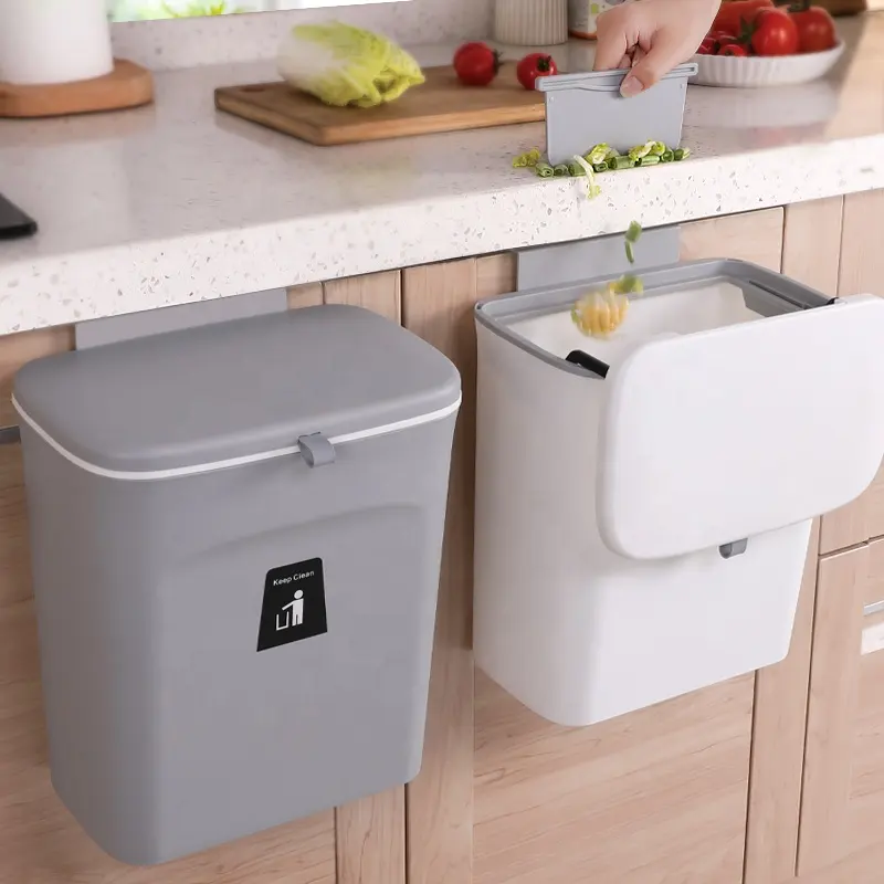 Cubo de basura colgante para puerta de armario de cocina con tapa, cubo de basura debajo del fregadero para baño, cubo de basura montado en la pared, 9L 7L