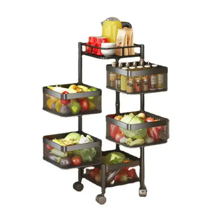 Étagère de rangement rotative pour la cuisine Hotsale 3 4 5 couches rotatives pratique chariot de cuisine étagère carrée en métal avec support de rangement à roues