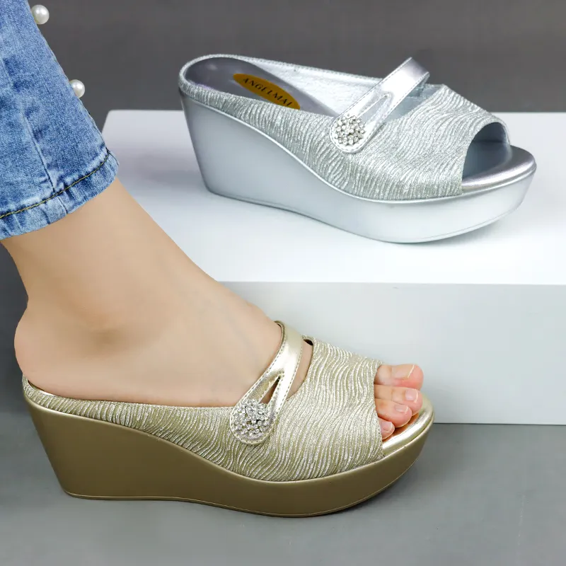 Luxury Rhinestone Wedges Mules Women Platform Sandal 7CM Wave Rippling Slip On Round Open Toe Slingback Shoes Slides Sandals