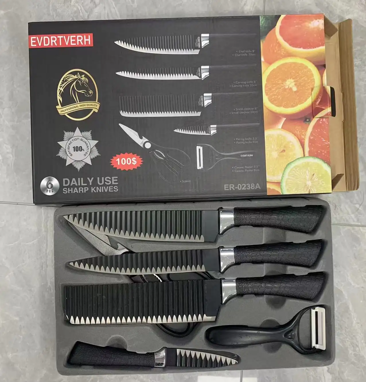 2024 nuevo juego de cuchillos de seis piezas ondulado negro 238A juego de cuchillos de cocina de acero inoxidable caja de color de comercio exterior caja de regalo