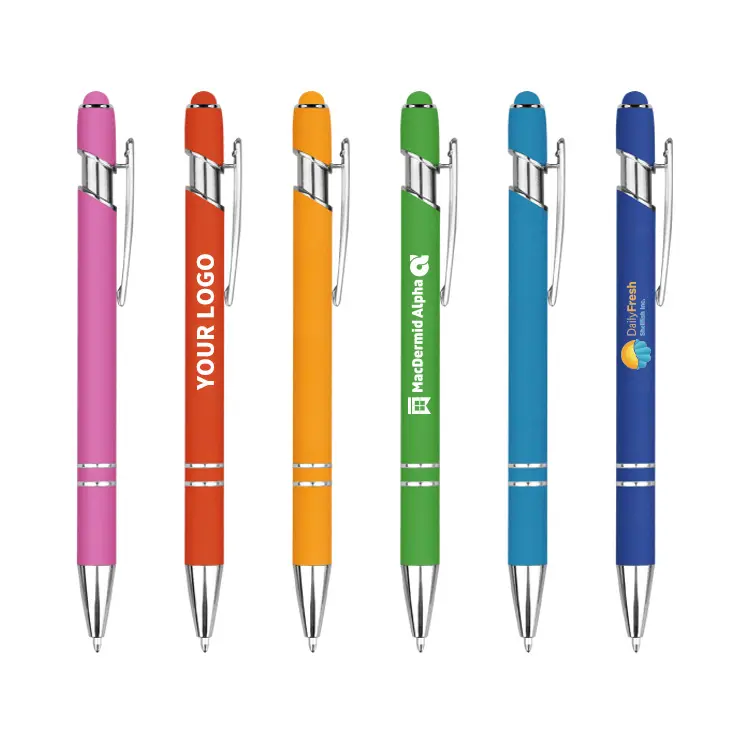 Promosyon çok renkli kalem vücut çift kafa kullanımı özel Logo ile dokunmatik ekran Metal tükenmez kalem