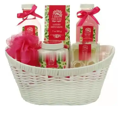 Venta al por mayor Navidad Rosa baño cuerpo cuidado conjunto de cesta cuerpo loción gel de ducha set de regalo