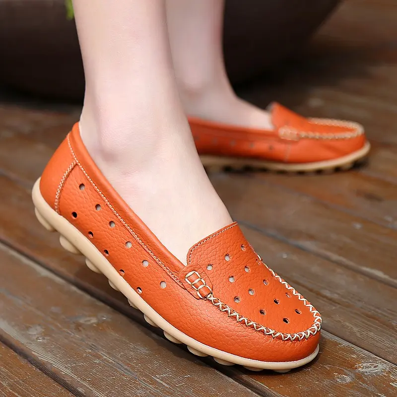 Brand Genuine Leather Shoes Woman Cutout Loafers Slip On Breathable Ballet Flat Ballerina Flats