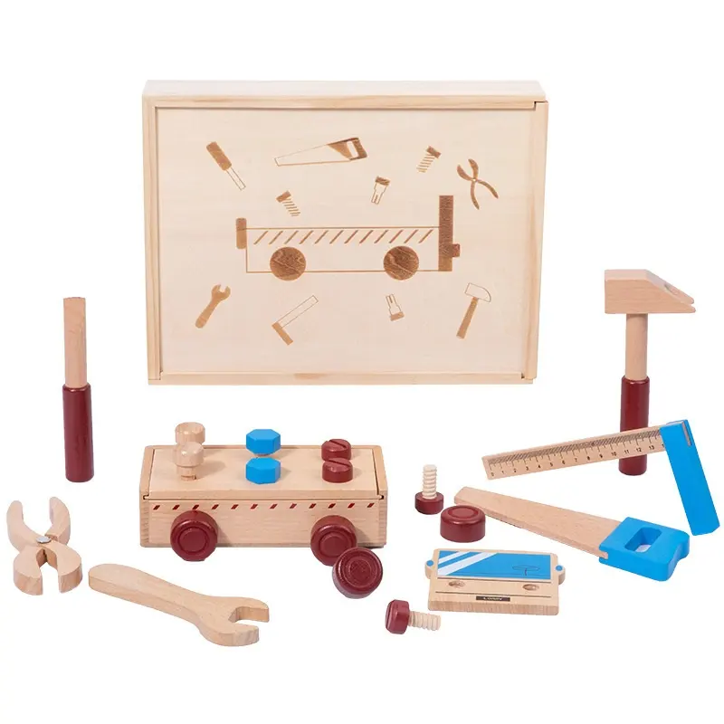 Mainan anak-anak, permainan peran kotak peralatan kayu DIY alat konstruksi rakitan pendidikan bongkar pasang, mainan kayu Prasekolah