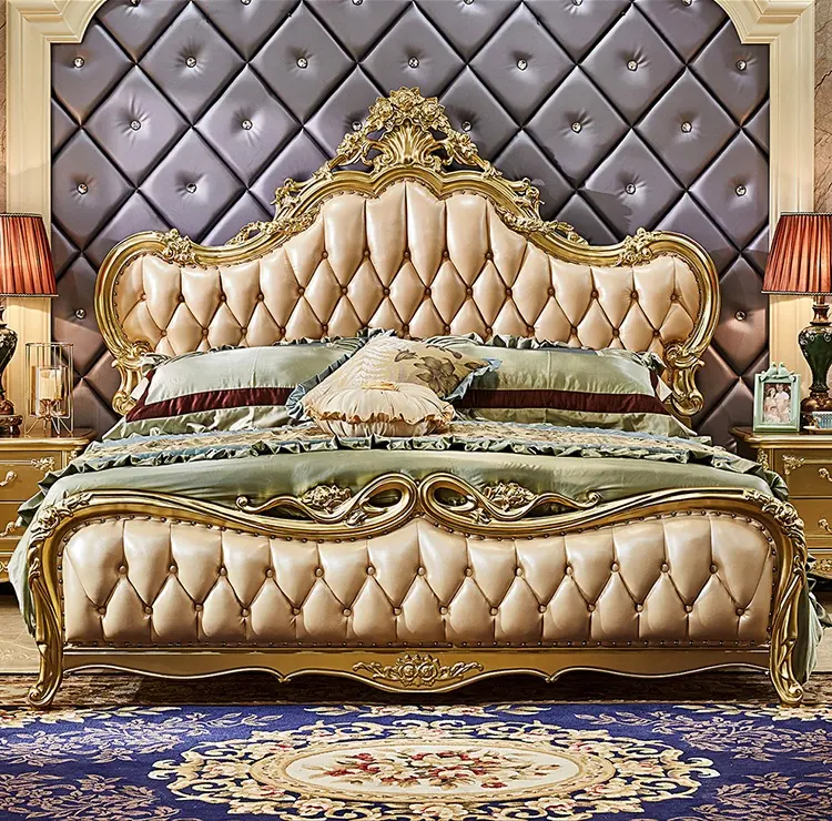 Cama de reina de hoja dorada Retro, gran oferta, cama de castillo con cabecero, suave para dormitorio